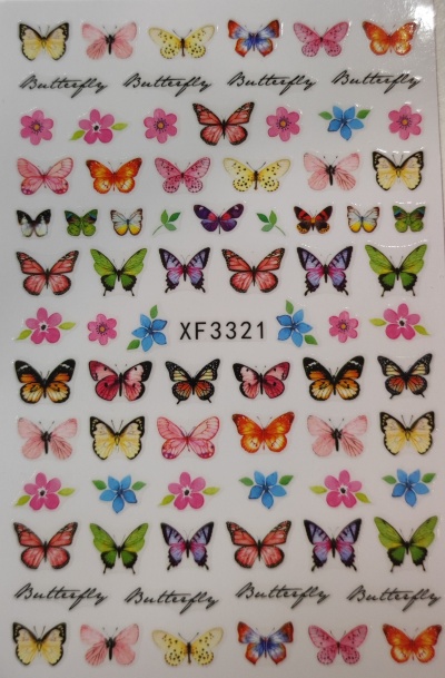 Folha adesiva com várias borboletas e flores coloridas e textos Butterfly e XF3321