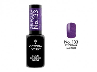 Frasco de verniz gel preto e roxo Victoria Vynn e amostra da cor roxa brilhante
