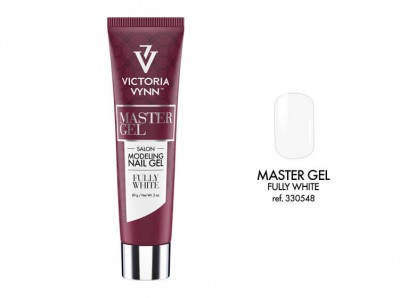 Tubo de gel para unhas Victoria Vynn Master Gel cor branca com amostra e texto descritivo