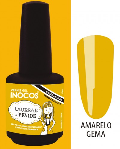 Frasco de verniz gel Inocos amarelo gema com amostra de cor