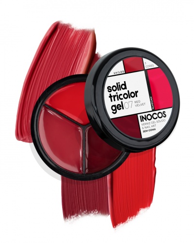 Gel de unhas sólido tricolor em embalagem preta redonda com três tons de vermelho