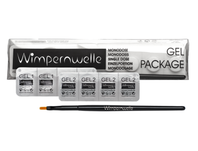 Pacote de gel Wimpernwelle com monodoses e pincel em fundo branco.