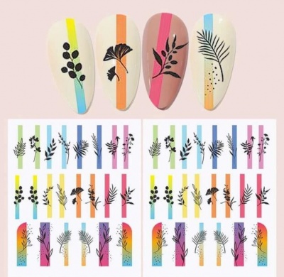 Adesivos para unhas com padrões de folhagem preta e listras coloridas