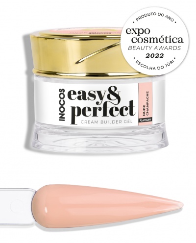 Gel construtor para unhas INOCOS easy & perfect cream builder gel, nude champagne, com tampa dourada e selo expo cosmética 2022
