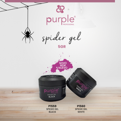 Dois frascos de gel para unhas Purple Professional Spider Gel preto e branco sobre mesa de madeira clara com fundo branco e texto promocional.