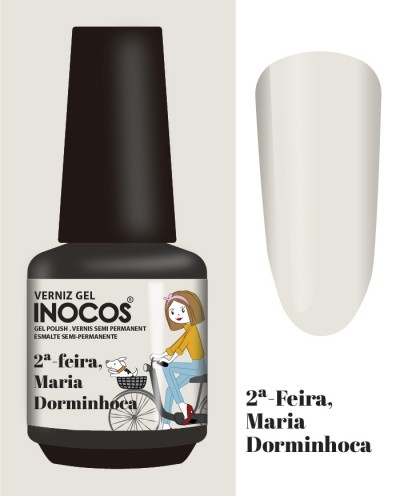 Frasco de verniz gel branco creme Inocos e amostra da cor