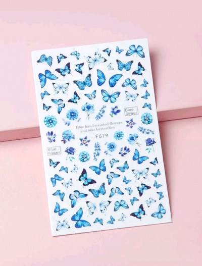 Folha de autocolantes com borboletas e flores azuis sobre fundo rosa