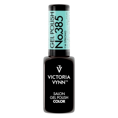 Frasco de esmalte de gel Victoria Vynn preto com tampa azul clara e texto preto