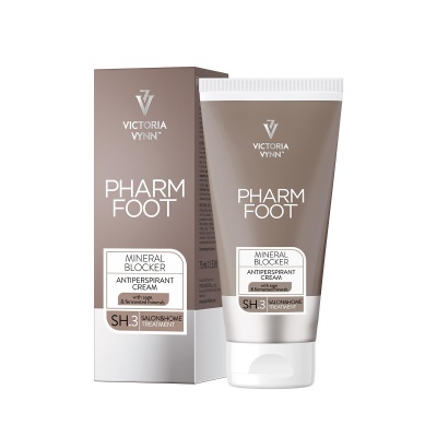 Creme antitranspirante Pharm Foot Mineral Blocker da Victoria Vynn em embalagem bege e branca