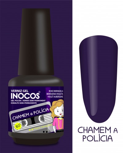Frasco de verniz gel roxo berinjela com rótulo chamem a Polícia e amostra da cor