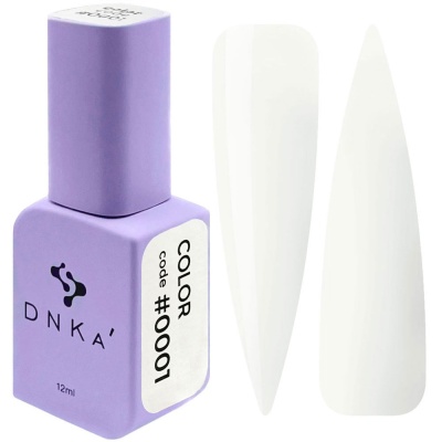 Verniz para unhas roxo lilás DNKA com código #0001 e amostras de cor branca