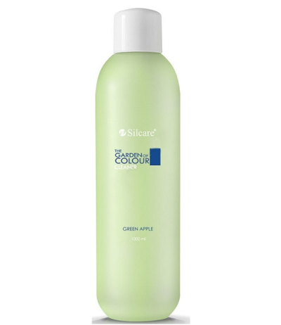 Frasco plástico verde claro com tampa branca e texto THE GARDEN OF COLOUR CLEANER e GREEN APPLE