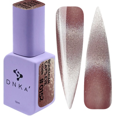 Frasco roxo de verniz DNKA 12ml com amostras de unhas brilhantes castanho e prateado