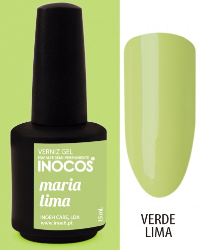 Frasco de verniz gel Inocos verde lima com amostra da cor ao lado