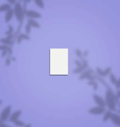 Cartão branco sobre fundo lilás com sombras de folhas.