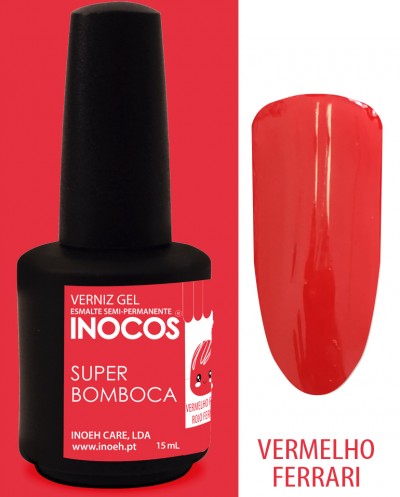 Frasco de verniz gel vermelho INOCOS Super Bomboca e amostra da cor Vermelho Ferrari