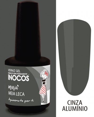 Frasco de verniz gel para unhas cinza alumínio Inocos com rótulo e amostra da cor