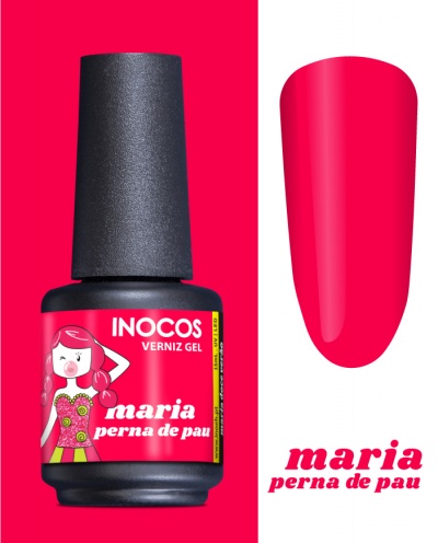 Verniz gel INOCOS vermelho com rótulo e amostra da cor