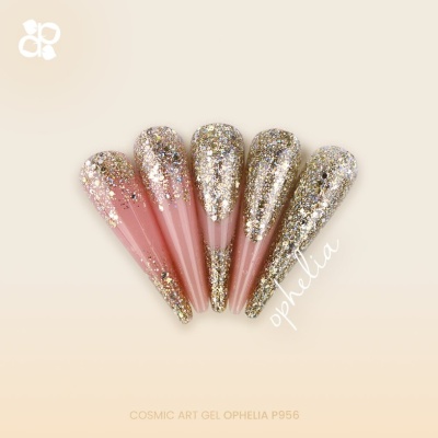 Conjunto de unhas postiças rosa com glitter dourado