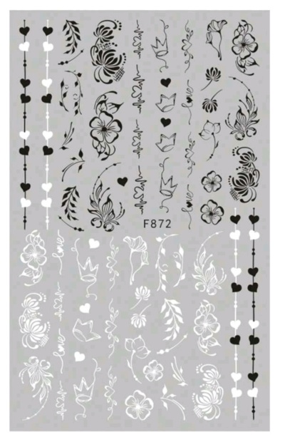 Folha com estampas decorativas para unhas em preto e branco com código F872