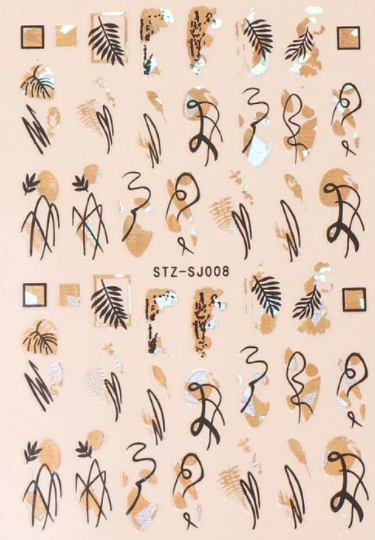 Folhas e padrões abstratos castanhos e pretos com texto STZ-SJ008 num fundo cor de pele