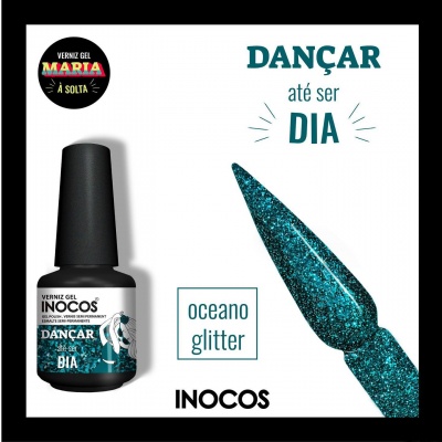 Frasco de verniz gel Inocos e amostra da cor glitter azul oceano