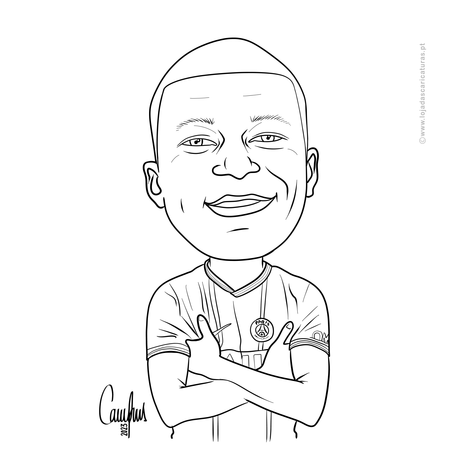 Caricatura a preto e branco de homem sorridente com camisola e braços cruzados