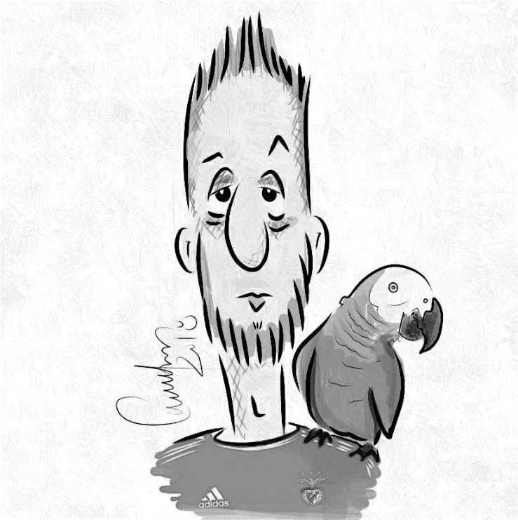 Desenho a preto e branco de homem com papagaio no ombro