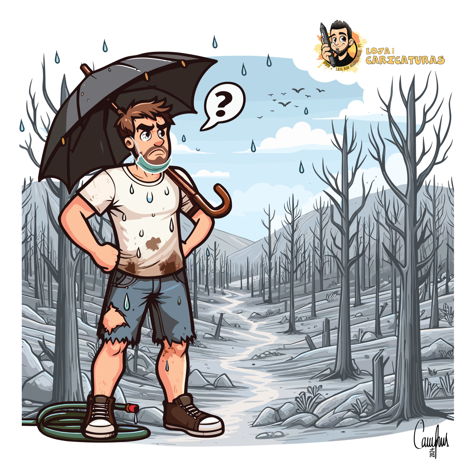Ilustração de homem com guarda-chuva em floresta desolada e chuvosa