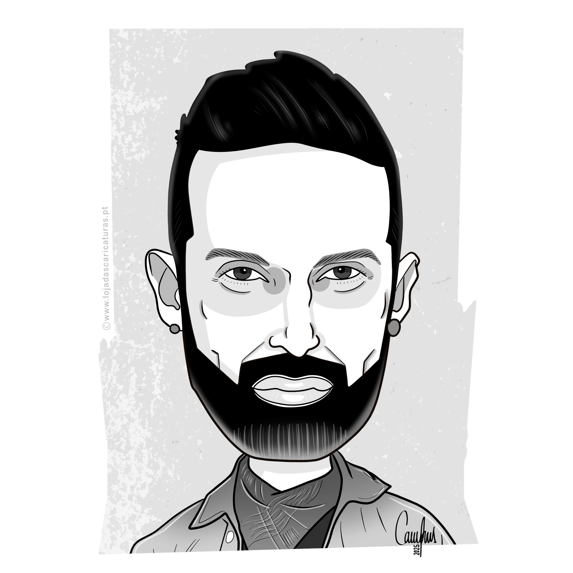 Caricatura de homem com cabelo e barba pretos, roupa cinzenta e preta, fundo cinzento