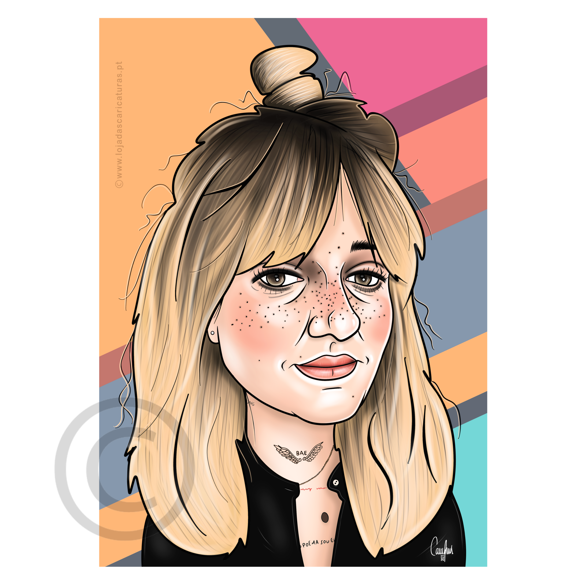 Caricatura de mulher loira com coque e sardas em fundo colorido