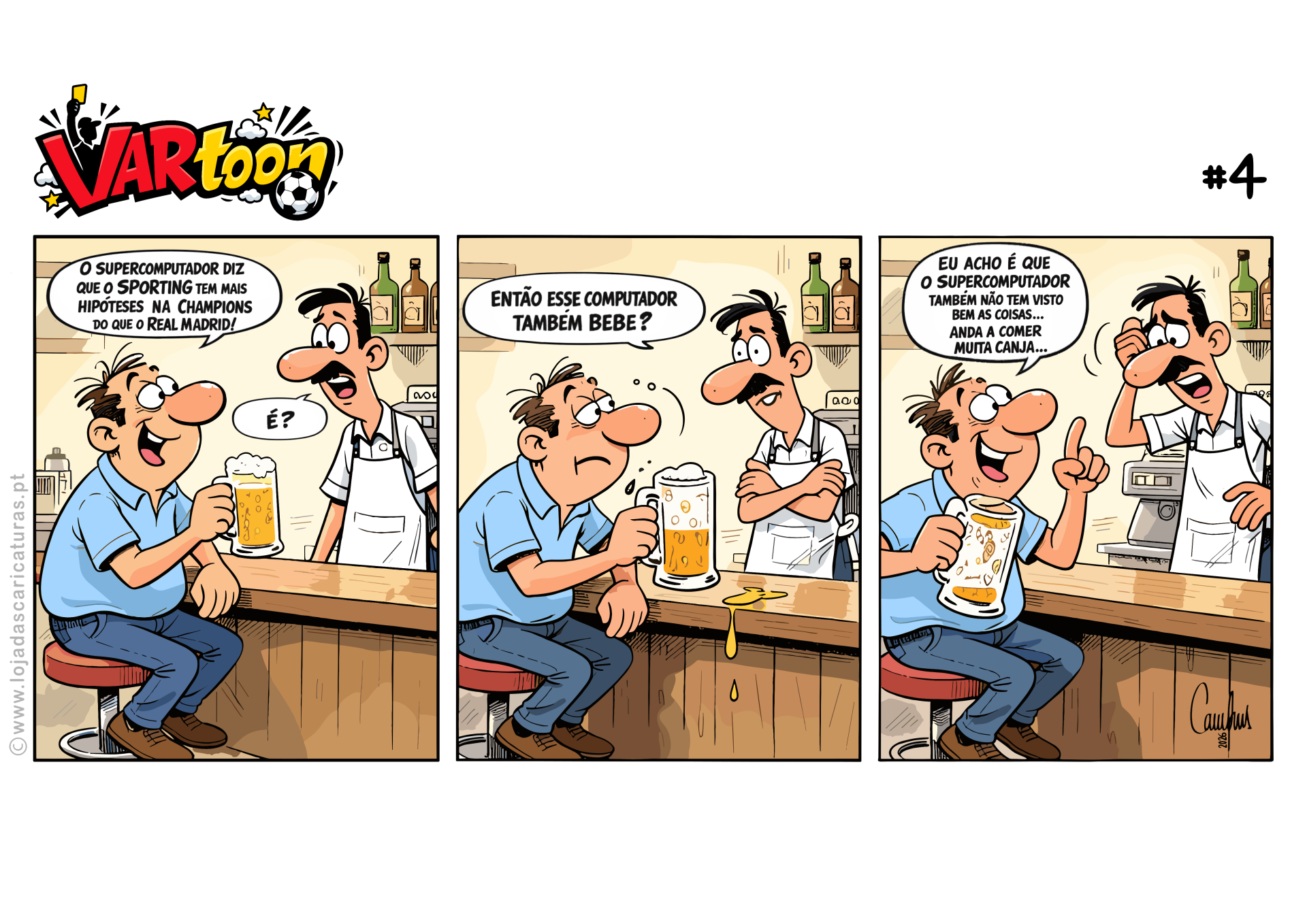 Banda desenhada de 3 painéis com dois homens num bar, um com uma caneca de cerveja, o outro com avental branco atrás do balcão.