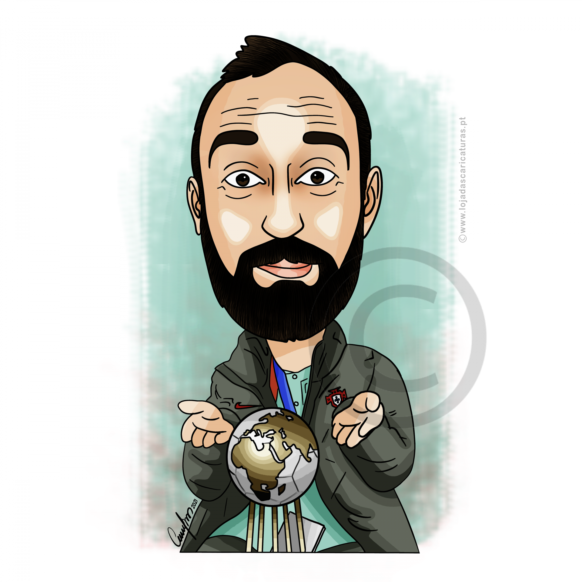 Caricatura de homem com globo terrestre decorativo