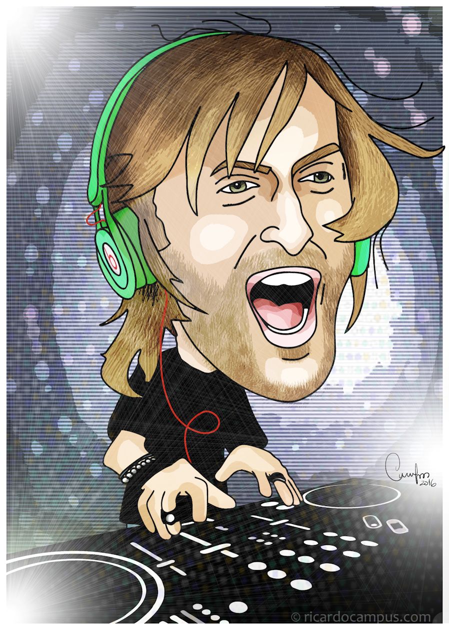 Desenho humorístico de um DJ com auscultadores verdes e mesa de mistura preta