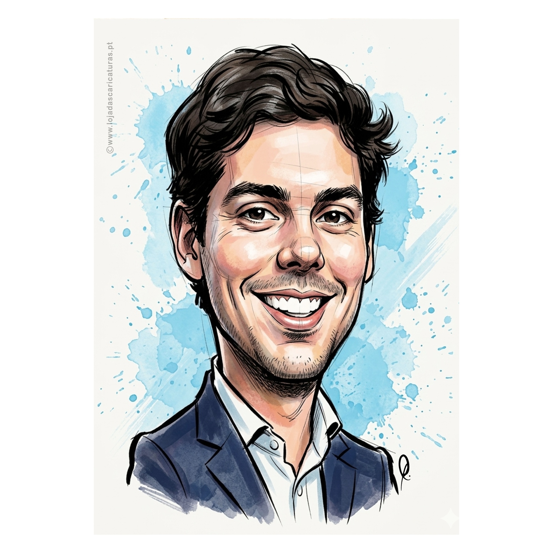 Caricatura digital de homem sorridente com cabelo castanho e blazer azul