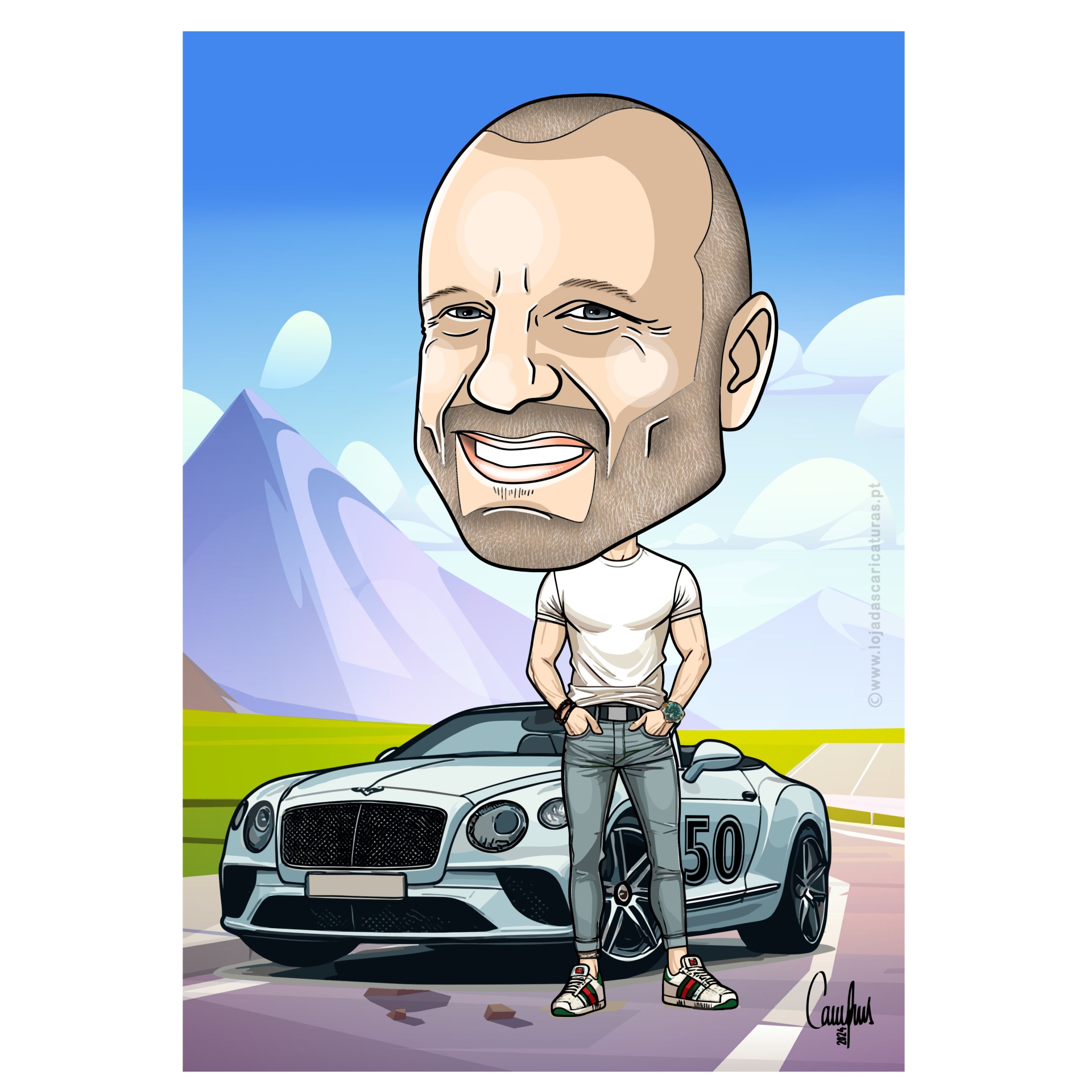 Caricatura de homem em pé à frente de carro desportivo cinzento com montanhas ao fundo