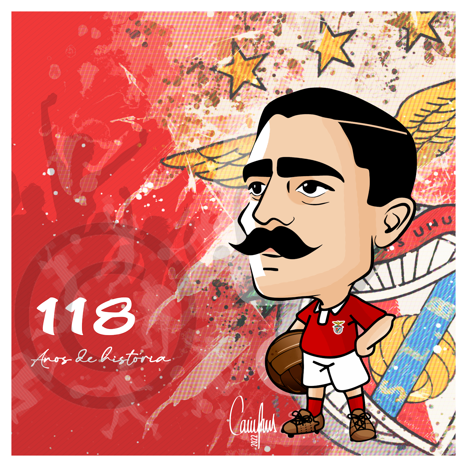 Ilustração personagem futebol com uniforme vermelho e branco e texto '118 Anos de História'