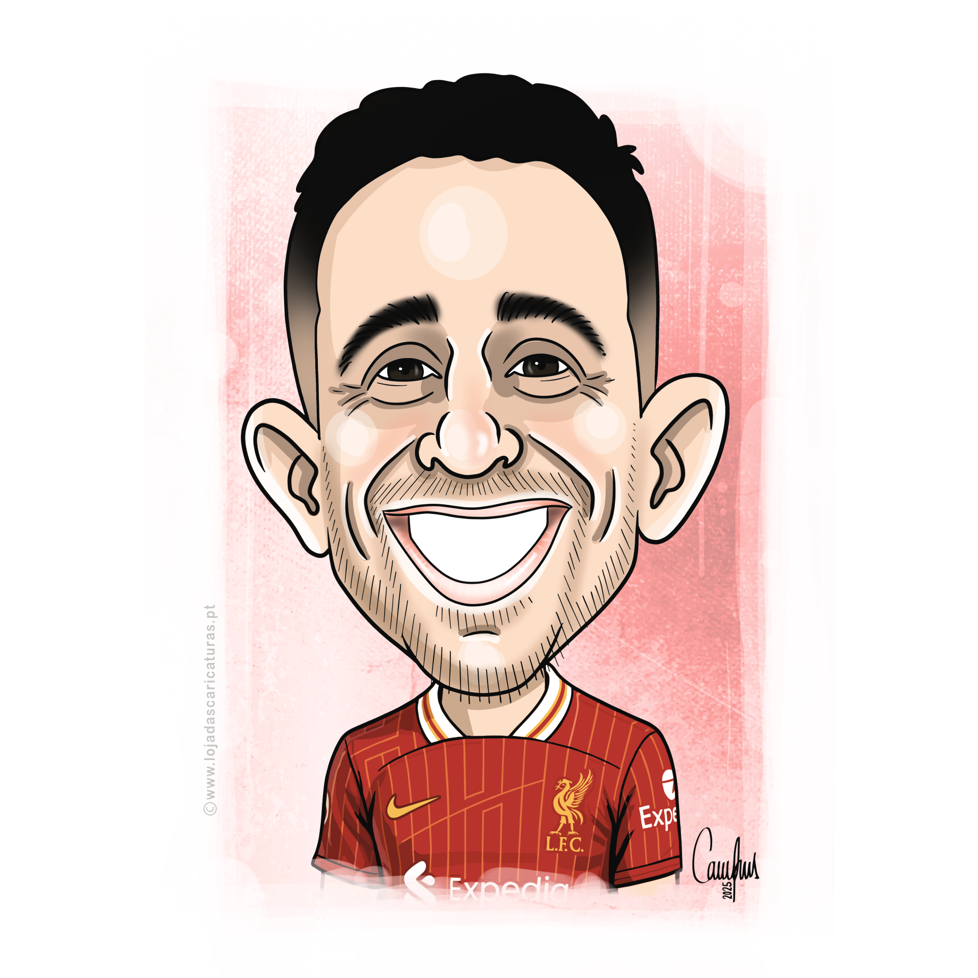 Caricatura de homem com camisola vermelha do Liverpool FC em fundo rosa