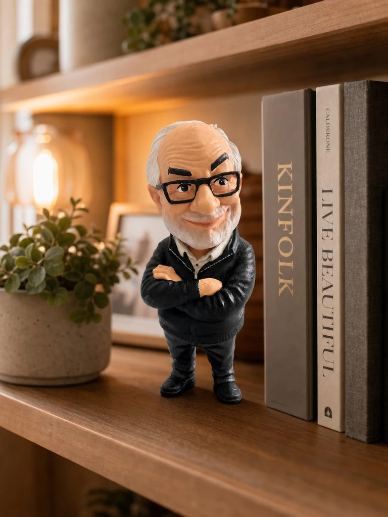 Figura decorativa de homem idoso com óculos em prateleira junto a livros e planta