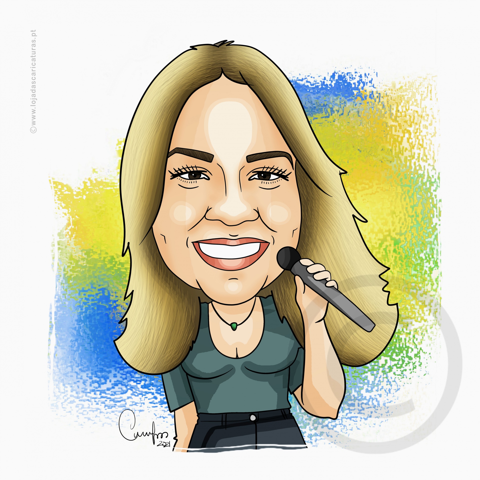 Caricatura de mulher loira a segurar um microfone