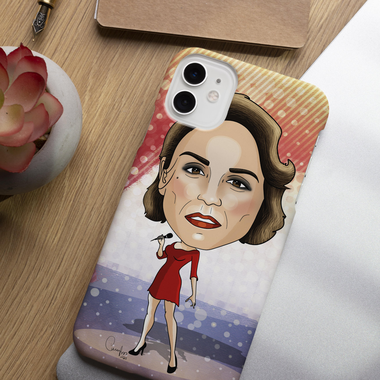 Capa de telemóvel com caricatura feminina em vestido vermelho