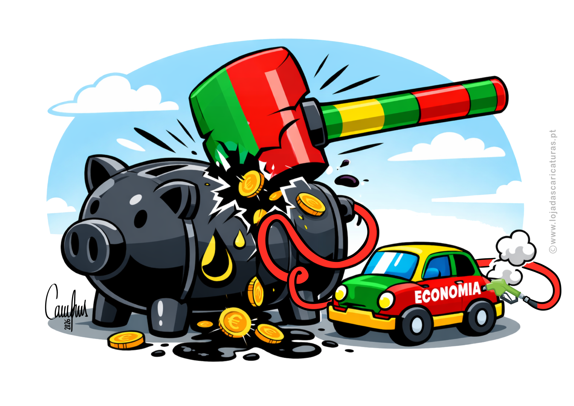 Ilustração de um mealheiro porquinho partido por um martelo colorido e um carro colorido com a palavra ECONOMIA.