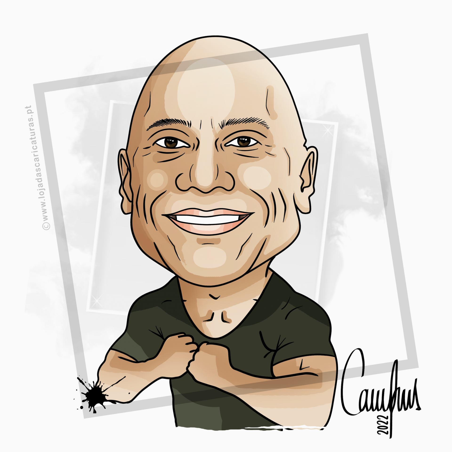 Caricatura digital de homem careca vestido de preto com fundo cinza