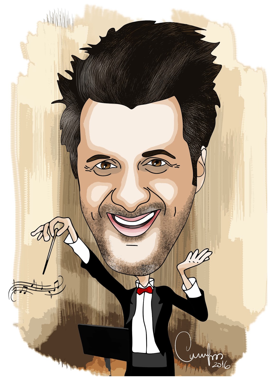 Caricatura de maestro com batuta em fundo bege.