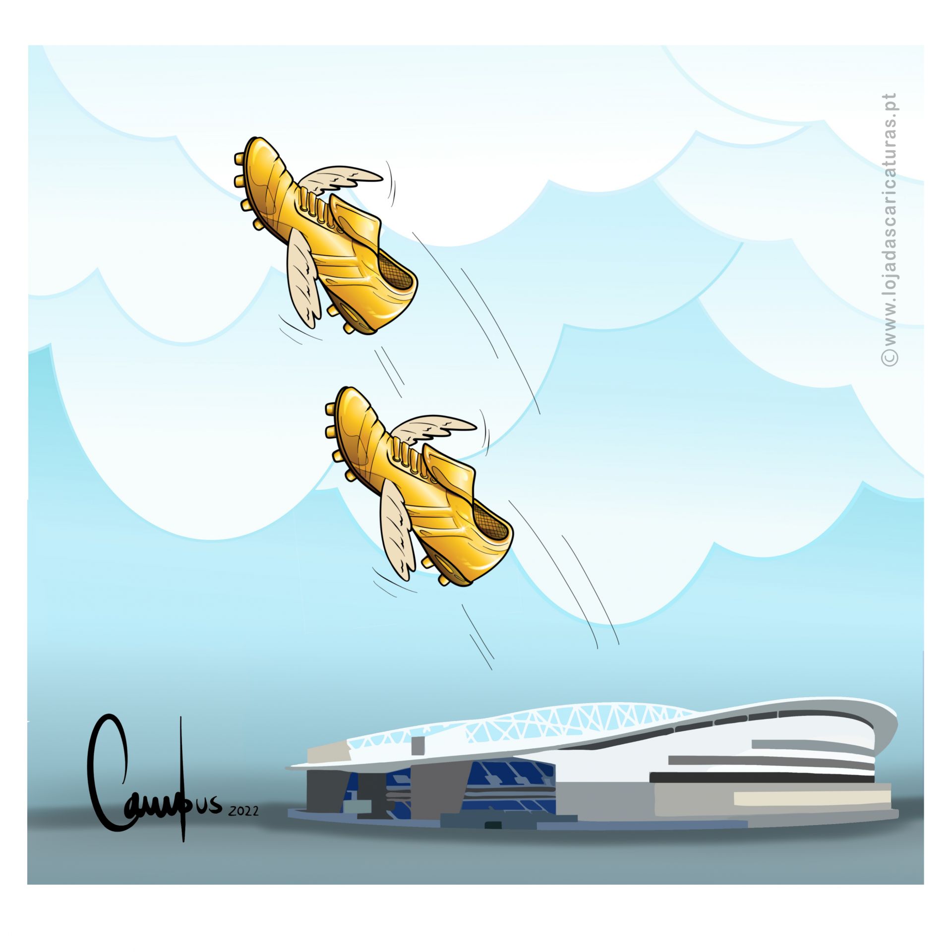 Duas chuteiras douradas com asas voando sobre um estádio moderno
