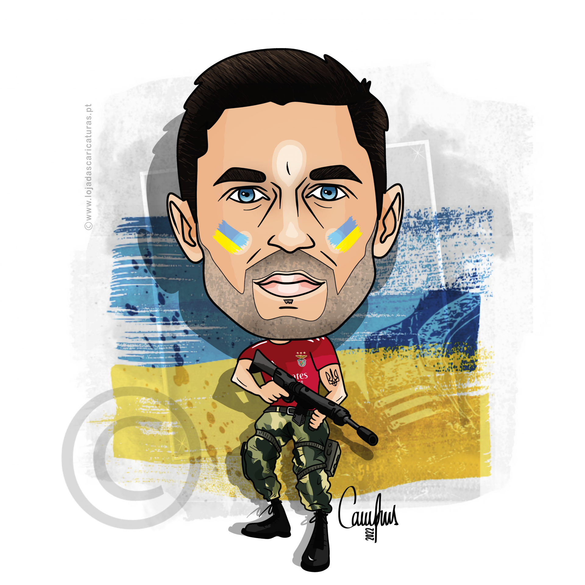 Caricatura de homem com pintura facial azul e amarela, vestindo roupa militar e t-shirt vermelha que diz EMIRATES, segurando rifle.