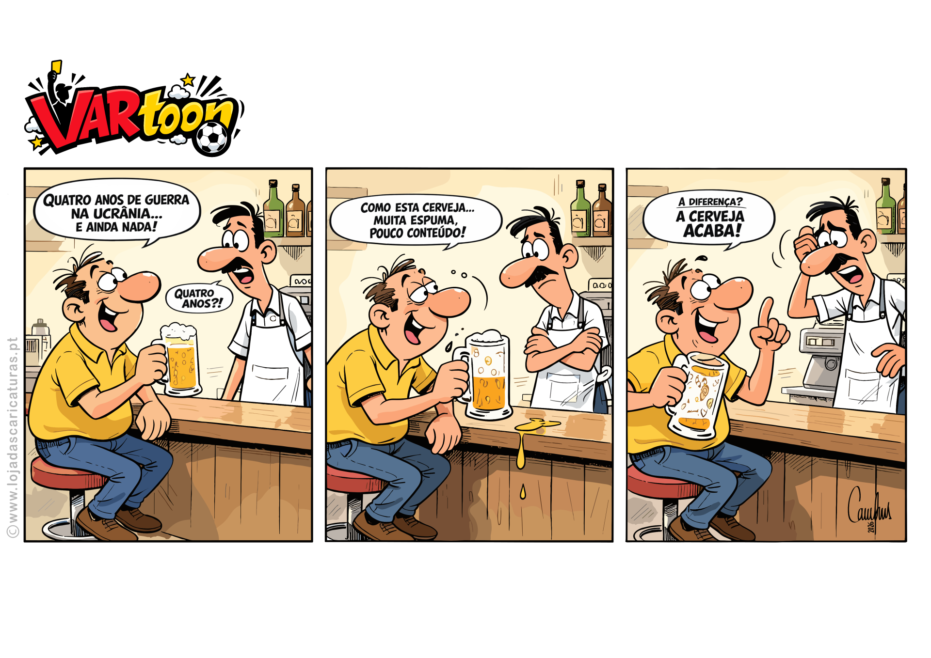 Banda desenhada em três painéis com dois homens num bar, cerveja na caneca, conversa sobre guerra na Ucrânia e cerveja