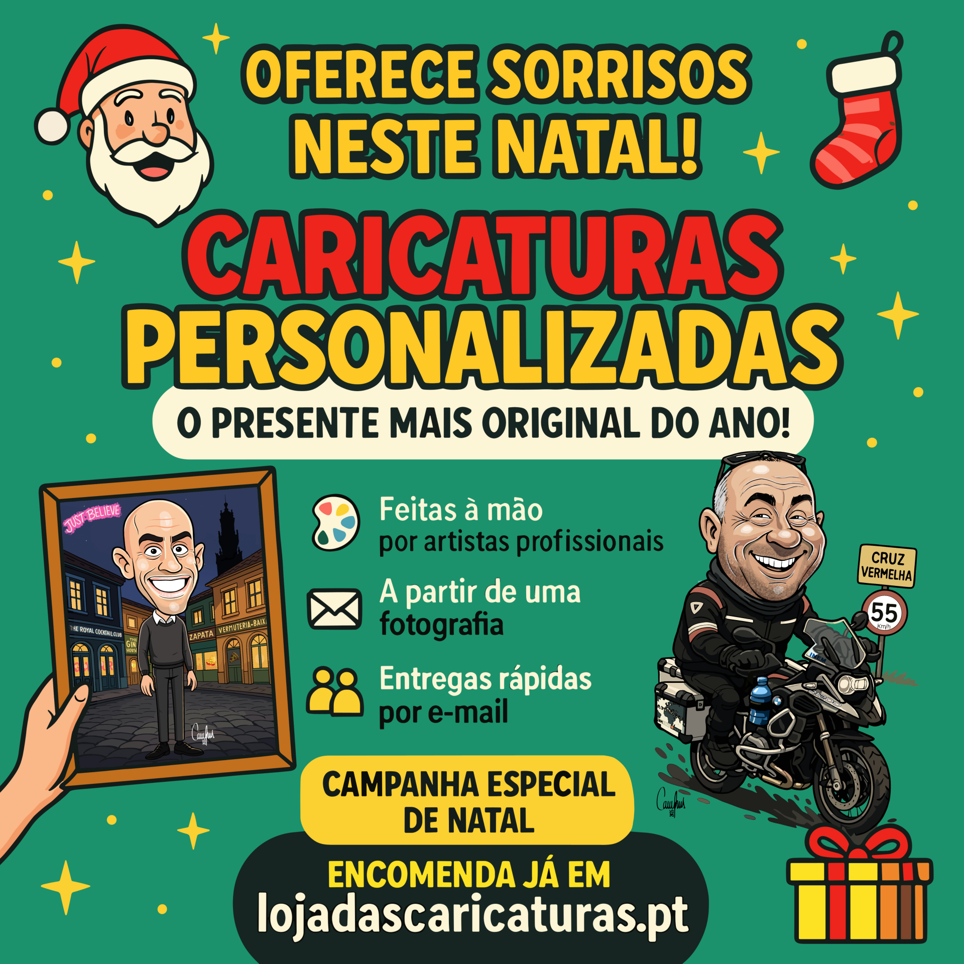 Cartaz verde com caricaturas personalizadas e texto promocional de Natal