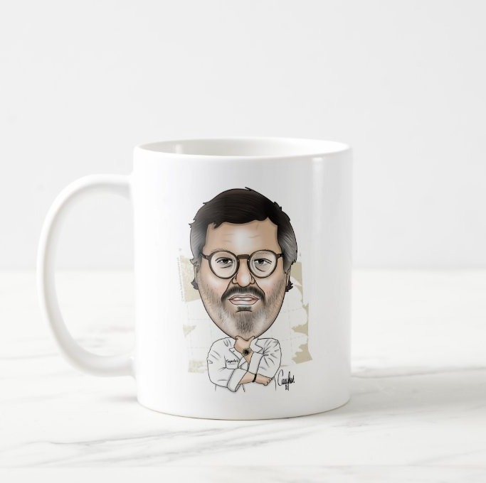 Caneca branca de cerâmica com ilustração caricaturada de homem