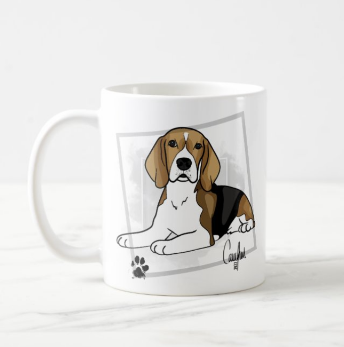 Caneca branca com ilustração de cão Beagle deitado
